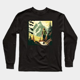 Woman Hiking in Forest Minimal Design, Adventure Mountain Long Sleeve T-Shirt